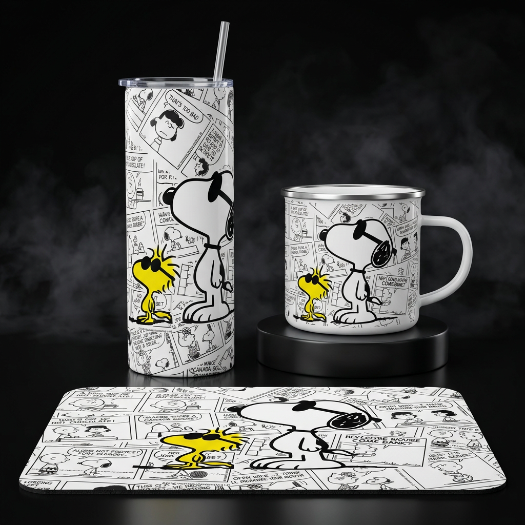 Pack De Snoopy Termo + Mousepad Y Taza Enlozada Regalo