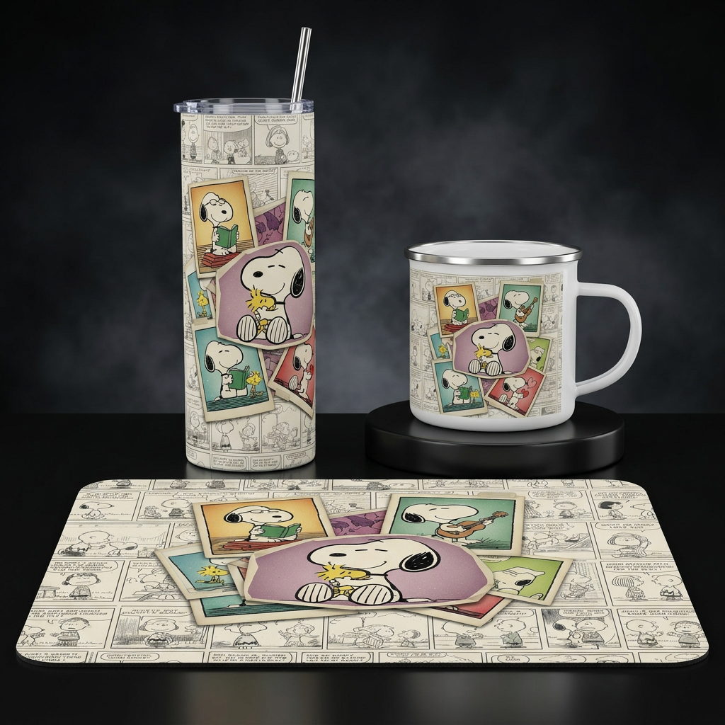 Pack De Snoopy Termo + Mousepad Y Taza Enlozada Regalo