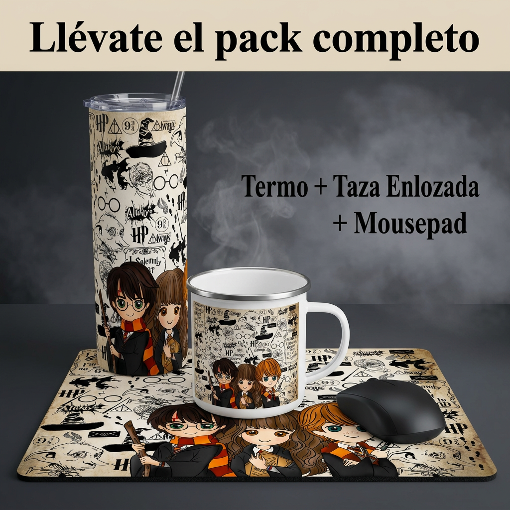 Pack de Regalo Harry Potter: Termo + Mousepad + Taza Enlozada