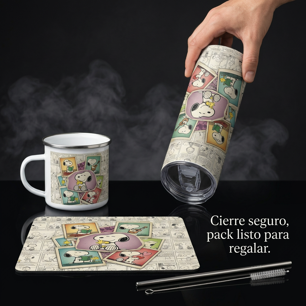 Pack De Snoopy Termo + Mousepad Y Taza Enlozada Regalo