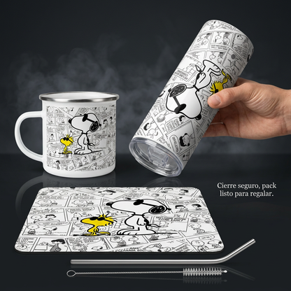 Pack De Snoopy Termo + Mousepad Y Taza Enlozada Regalo
