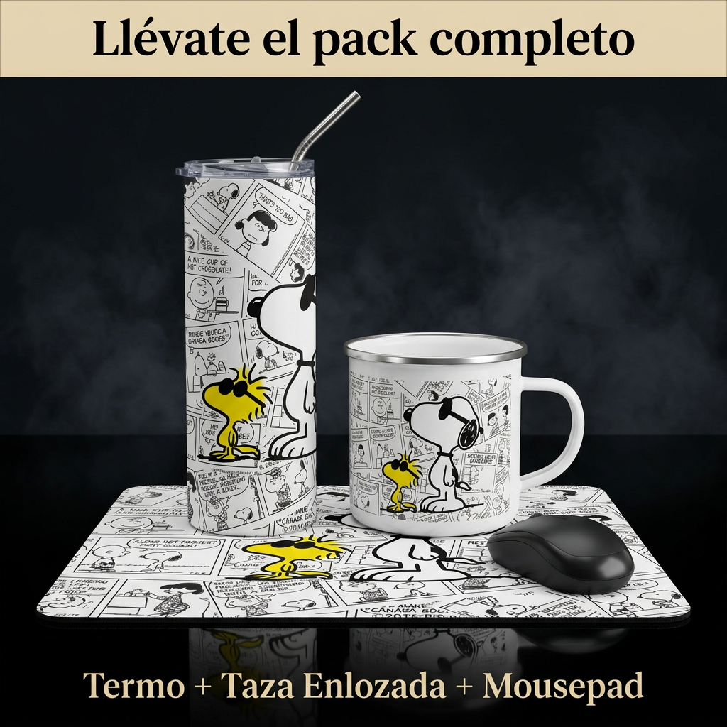 Pack De Snoopy Termo + Mousepad Y Taza Enlozada Regalo