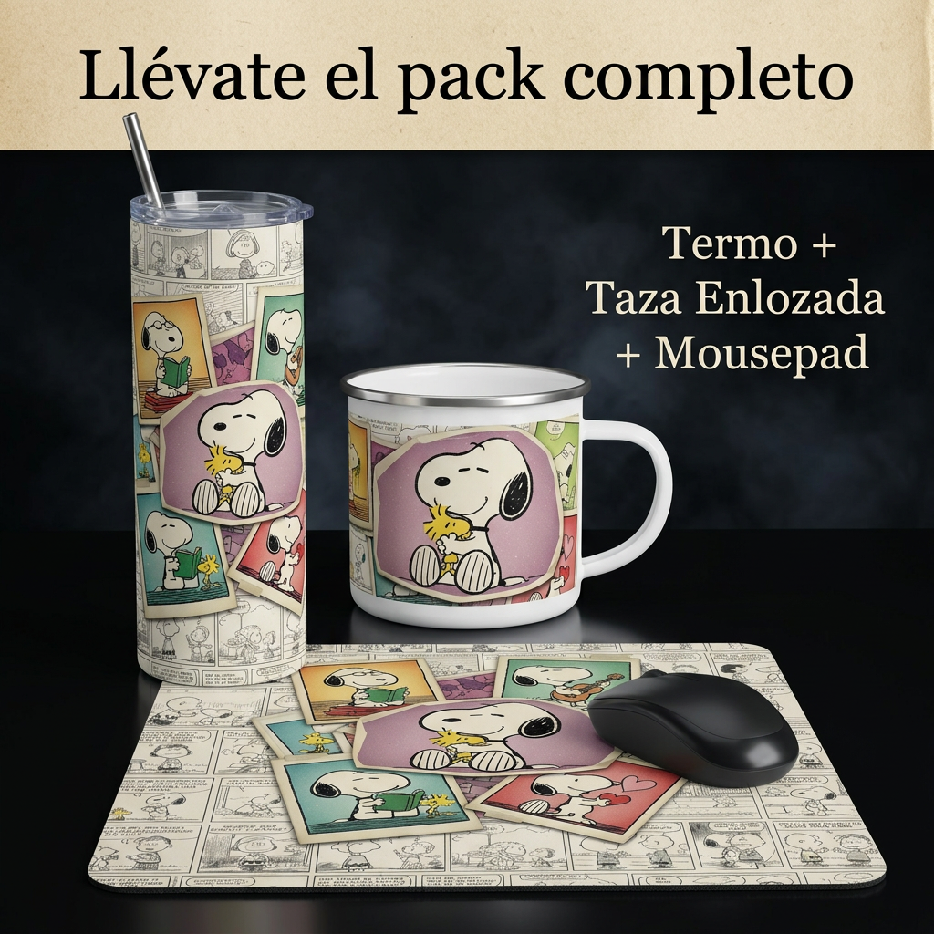 Pack De Snoopy Termo + Mousepad Y Taza Enlozada Regalo