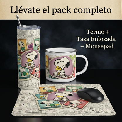 Pack De Snoopy Termo + Mousepad Y Taza Enlozada Regalo