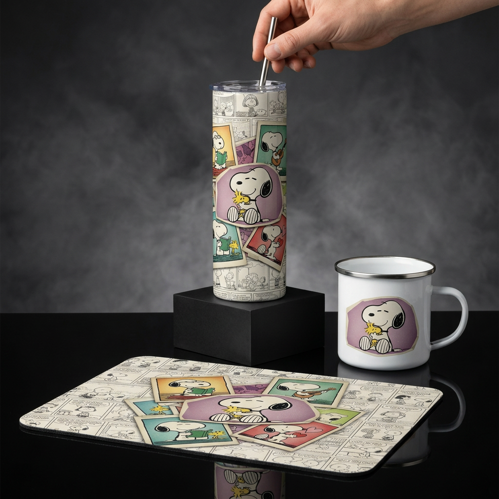 Pack De Snoopy Termo + Mousepad Y Taza Enlozada Regalo